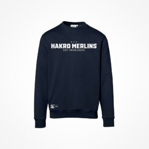 Die EST. Sweat Tinte ist ein marineblaues Sweatshirt mit "HAKRO MERLINS" und "EST. MCMLXXXVI" in Weiß auf die Vorderseite gedruckt, mit langen Ärmeln und gerippten Bündchen und Saum.
