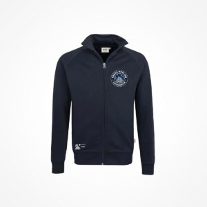 Marineblaue Jacke mit Reißverschluss und hohem Kragen, mit einem runden weißen Tokyo Meiji Japan Rugby-Logo auf der linken Brust und einer kleinen weißen Grafik am linken Saum.