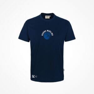 Marineblaues T-Shirt mit einer kleinen Grafik eines blauen Basketballs und dem Schriftzug HAVRO MERLINS in weiß, zentriert auf der Brust. Das Shirt hat einen Rundhalsausschnitt und kurze Ärmel.