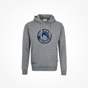 Graues Kapuzensweatshirt mit Kordelzug und kreisförmigem blau-weißem Logo auf der Brust, das eine Wolfsgrafik und den Text HAKRO MERLINS CRAILSHEIM zeigt.