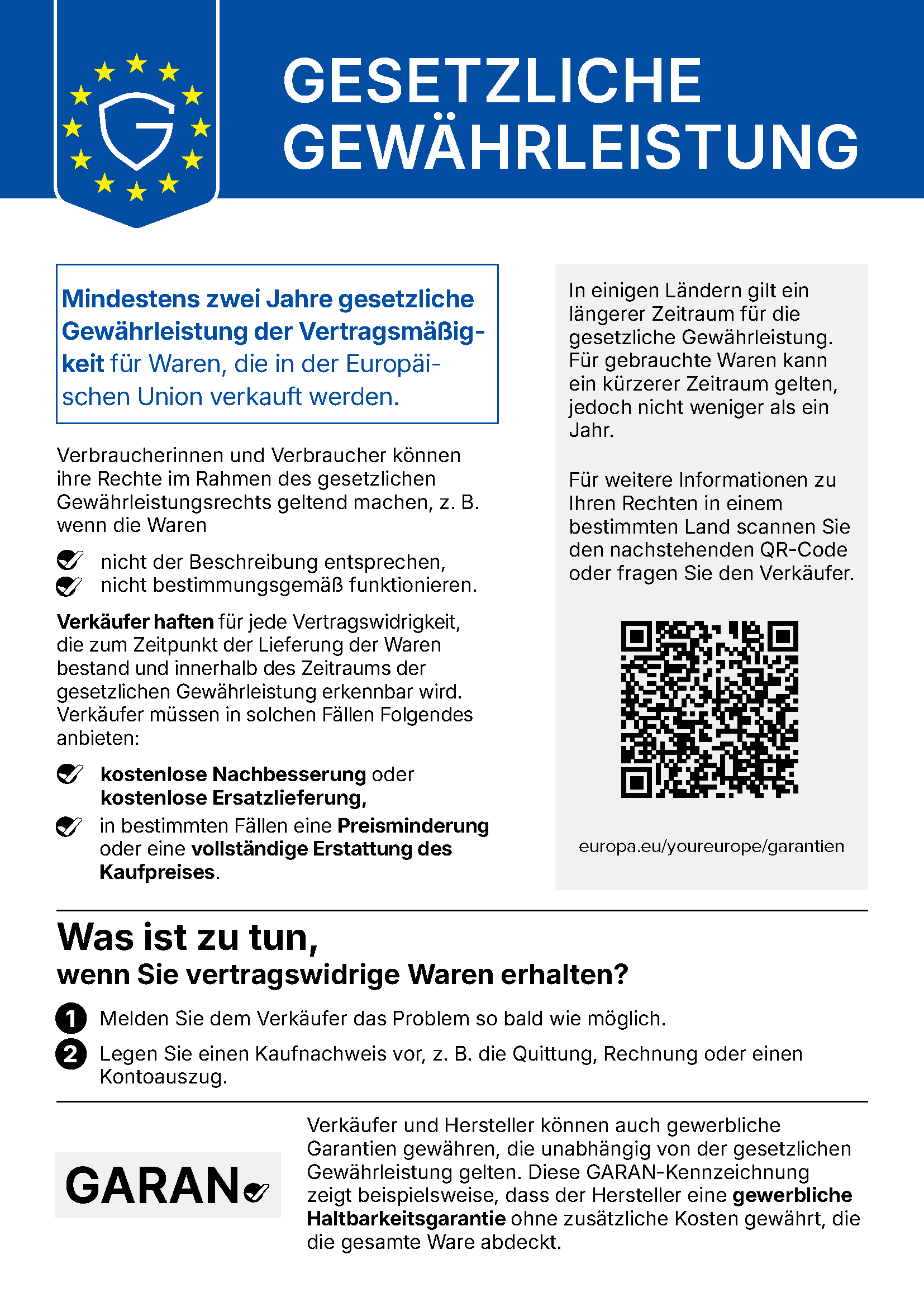 Harmonisierte EU-Mitteilung zur gesetzlichen Gewährleistung: Beim Kauf von Waren besteht ein gesetzliches Gewährleistungsrecht von mindestens zwei Jahren. Enthält einen QR-Code zum EU-Portal „Ihr Europa“.